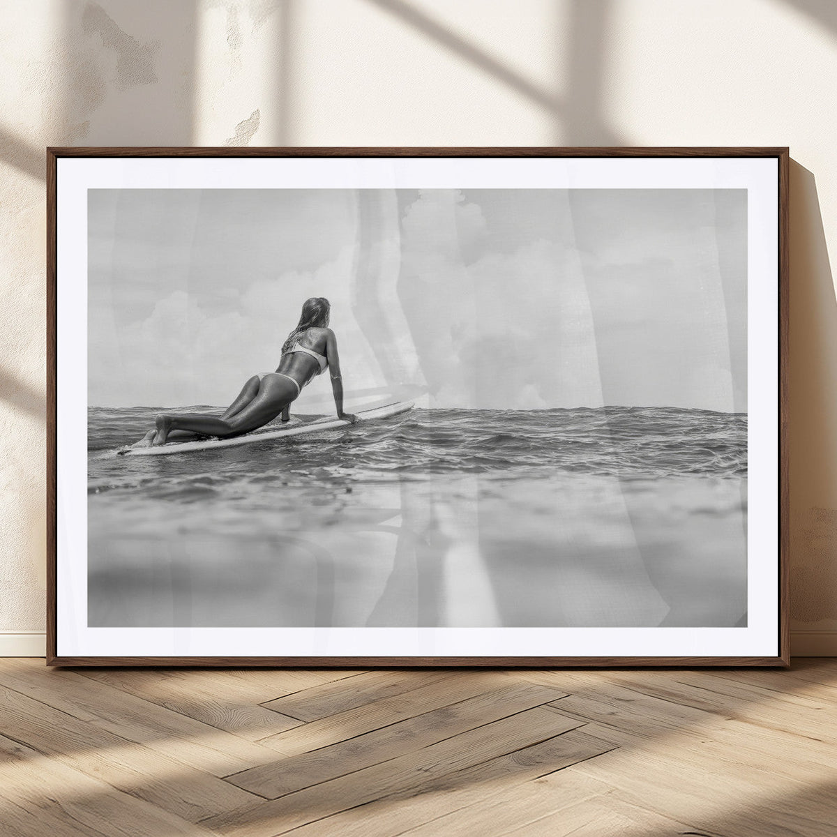 Black and White Surfing Wall Art Canvas Print – Framed Ocean