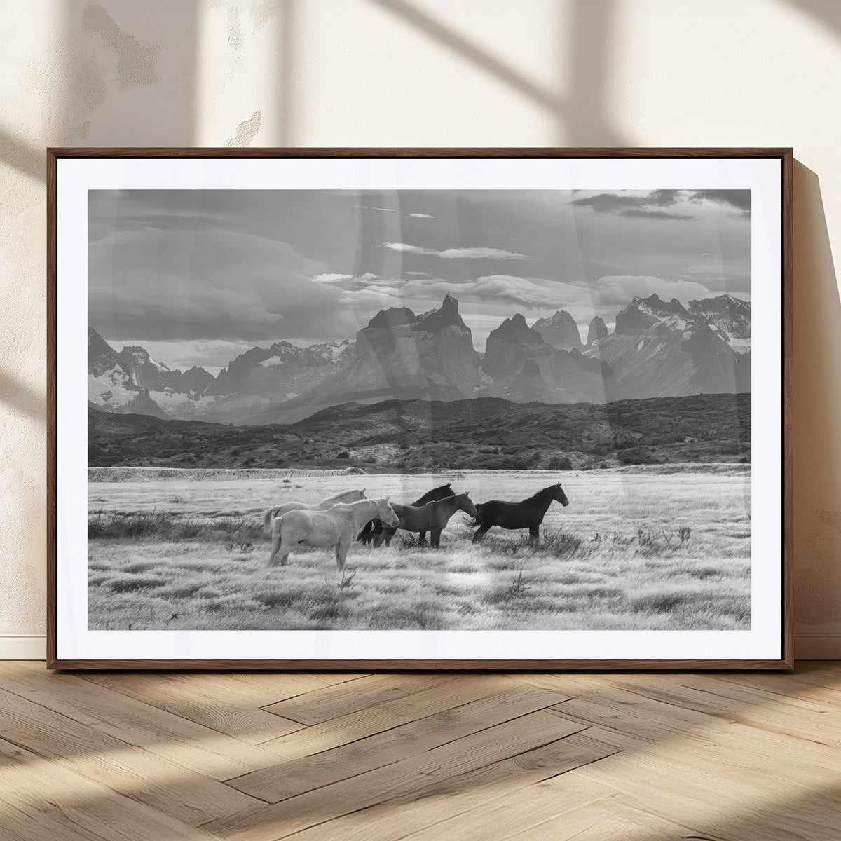Wild Horses Wall Art Canvas Print – Framed Black and White