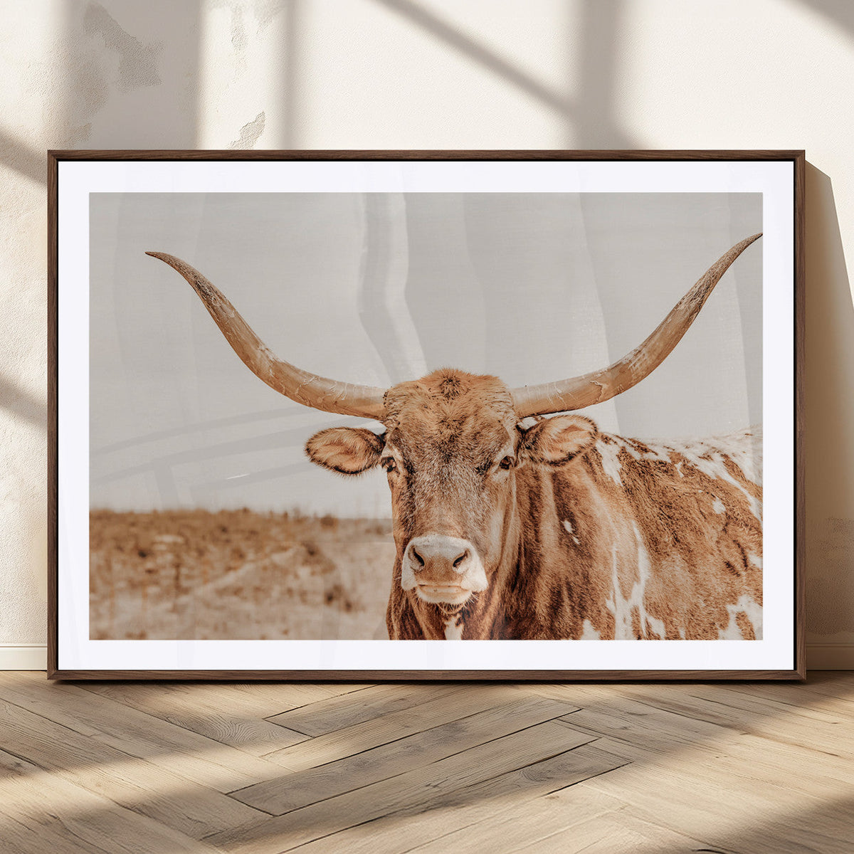 Texas Longhorn Wall Art Canvas Print – Framed Sepia Cow Art