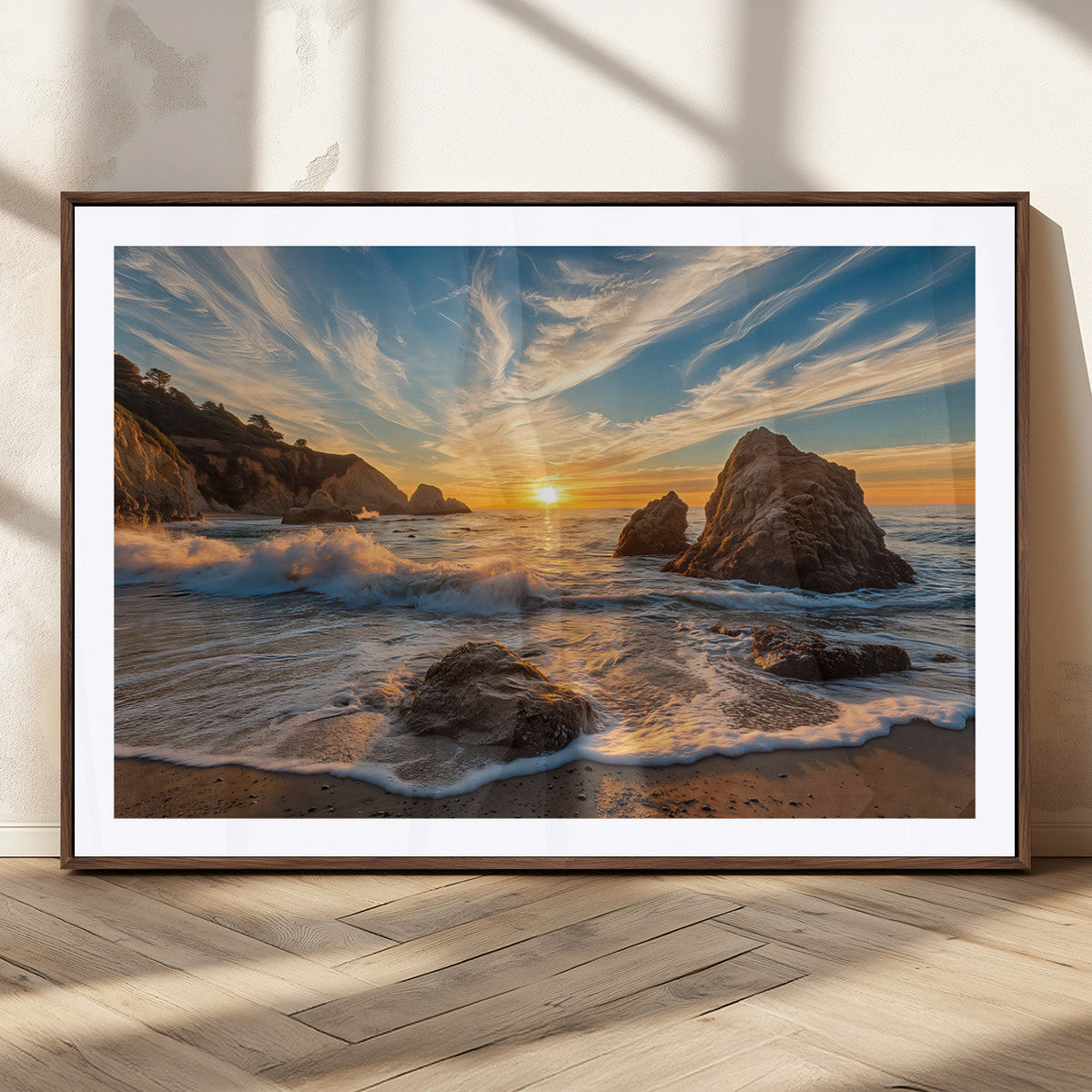 Rocky Ocean Sunset Wall Art Print – Seaside Canvas Dramatic
