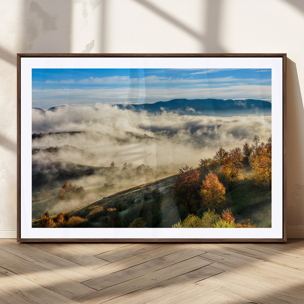 Misty Autumn Hills Wall Art Canvas Print, Foggy Forest