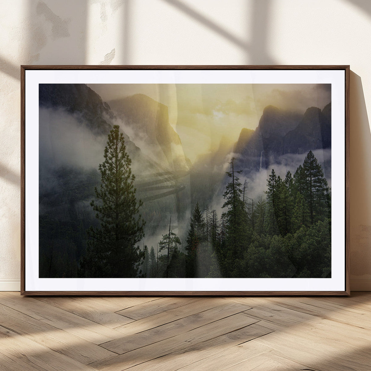 Misty Mountain Valley Wall Art Canvas Print, Golden Sunrise