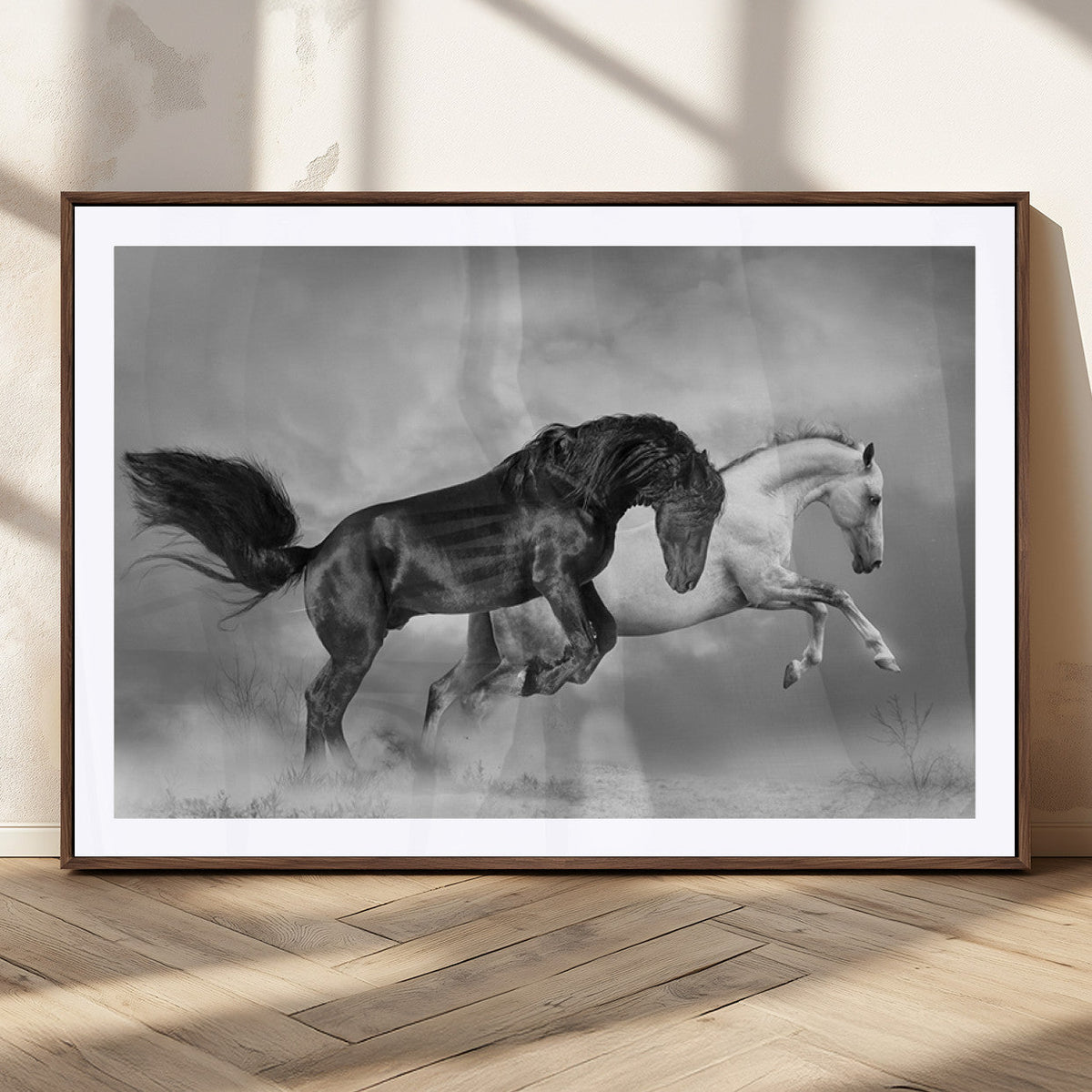 Wild Horses Wall Art Canvas Print – Framed Black and White