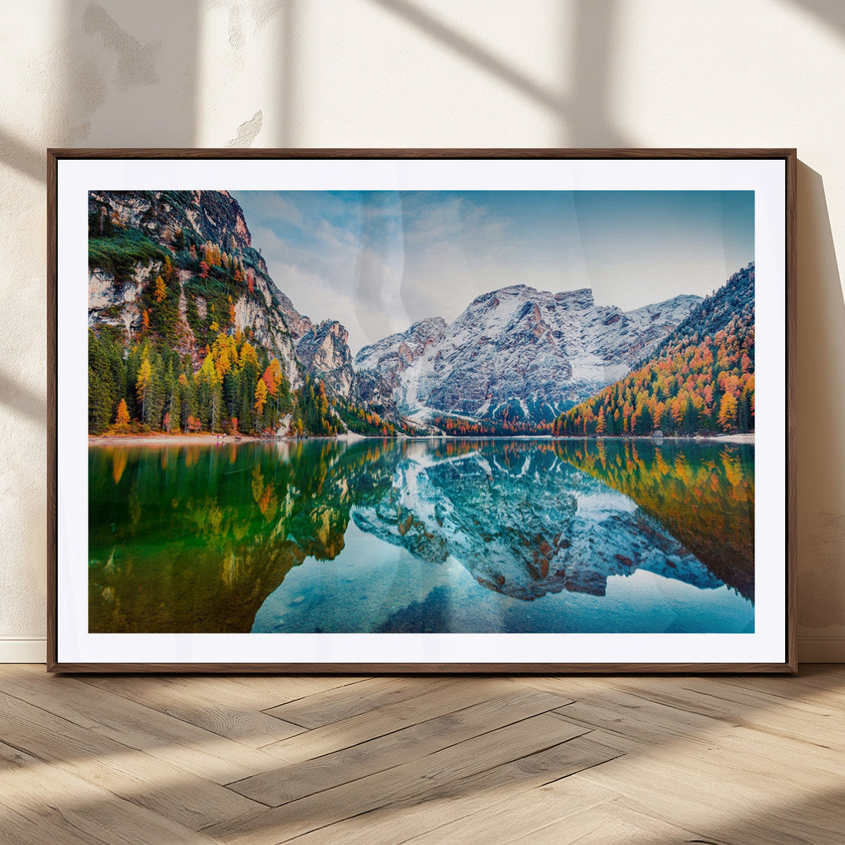 Spectacular autumn view of Braies Lake Wall Art Canvas Print