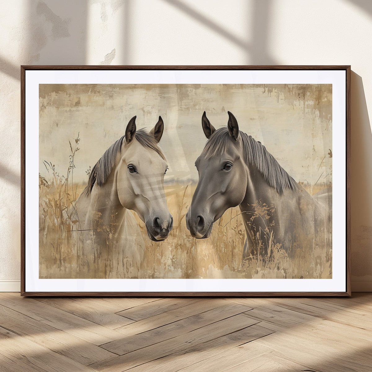 Chines Ink Style Grunge Horses Wall Art Canvas Print
