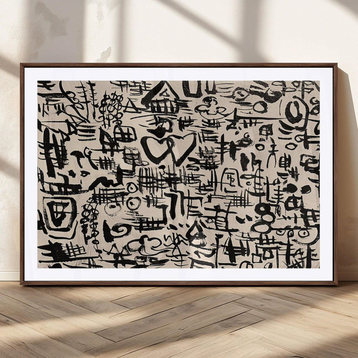 Abstract Love and Chaos Canvas Print, Black Symbols on Beige