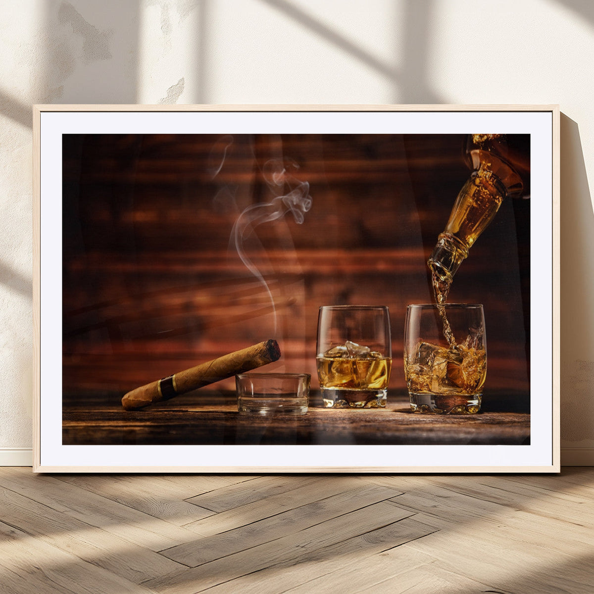 Whiskey and Cigar Wall Art Canvas | 3 Panel Bar Room Decor