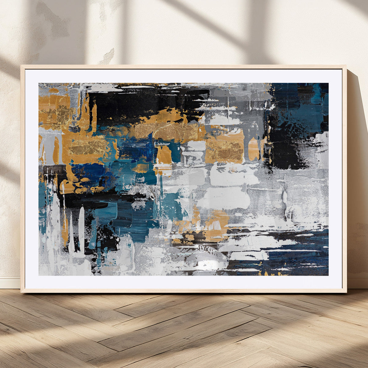 Blue and Gold Abstract Canvas Wall Art – Triptych Modern