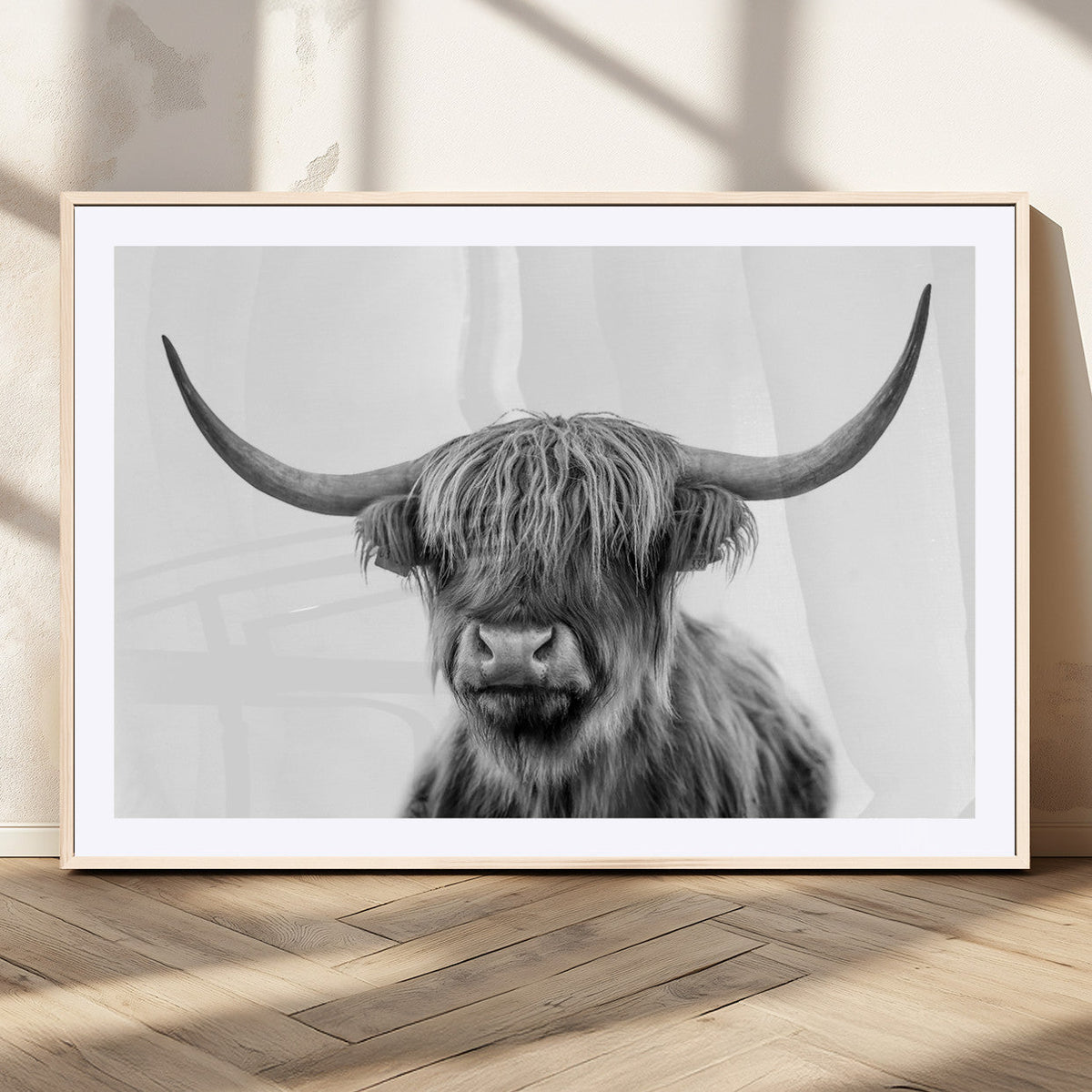 Grayscale Scottish Highland Cow Cattle Art Print Farmhouse