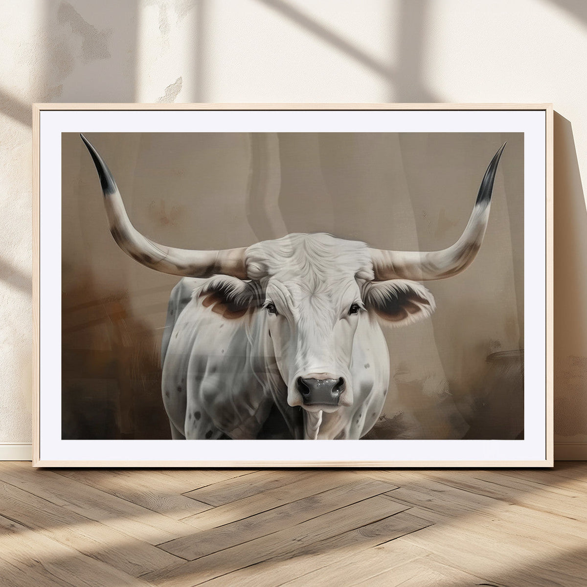 White Longhorn Bull Wall Art Canvas Print – Framed and Ready