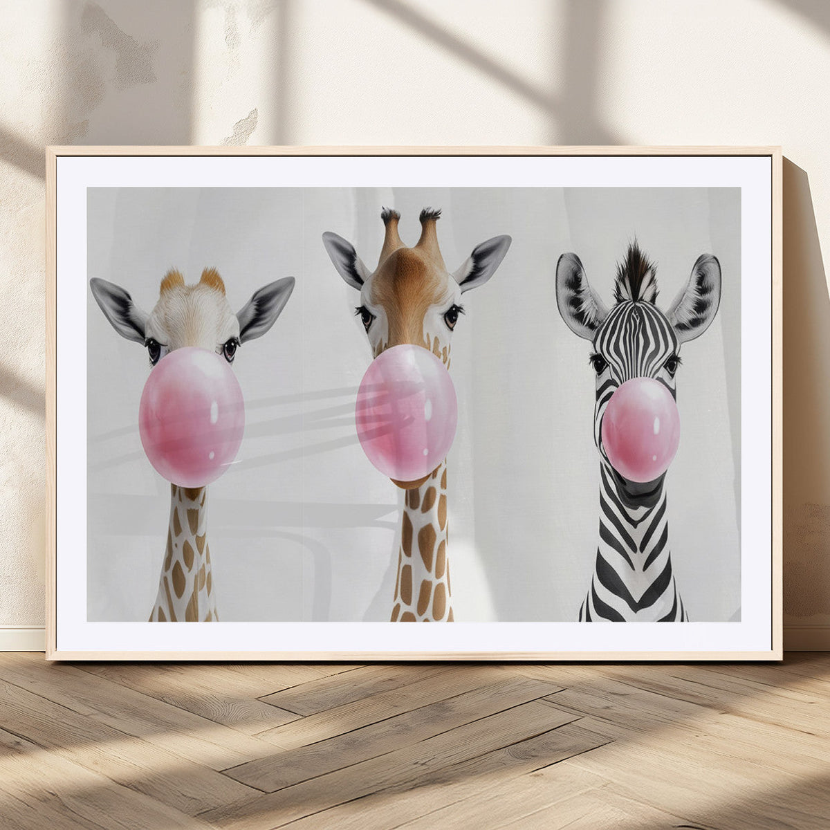 Bubblegum Animals Canvas Wall Art - Playful Giraffe and
