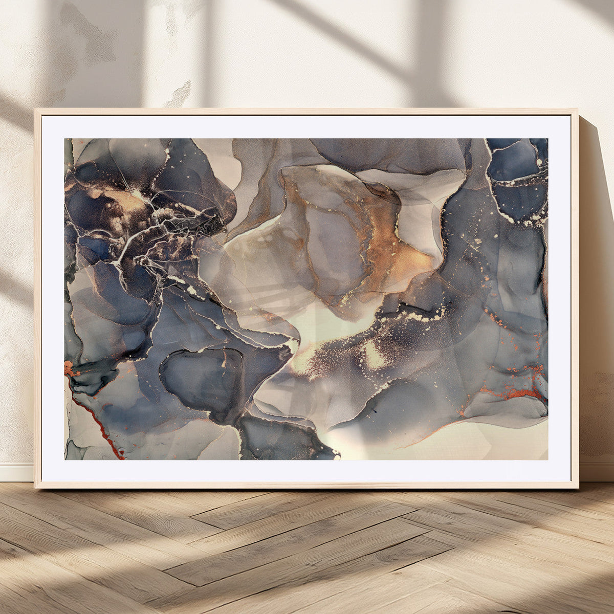 Abstract Blue and Gold Wall Art - Fluid Ink Artwork - Modern