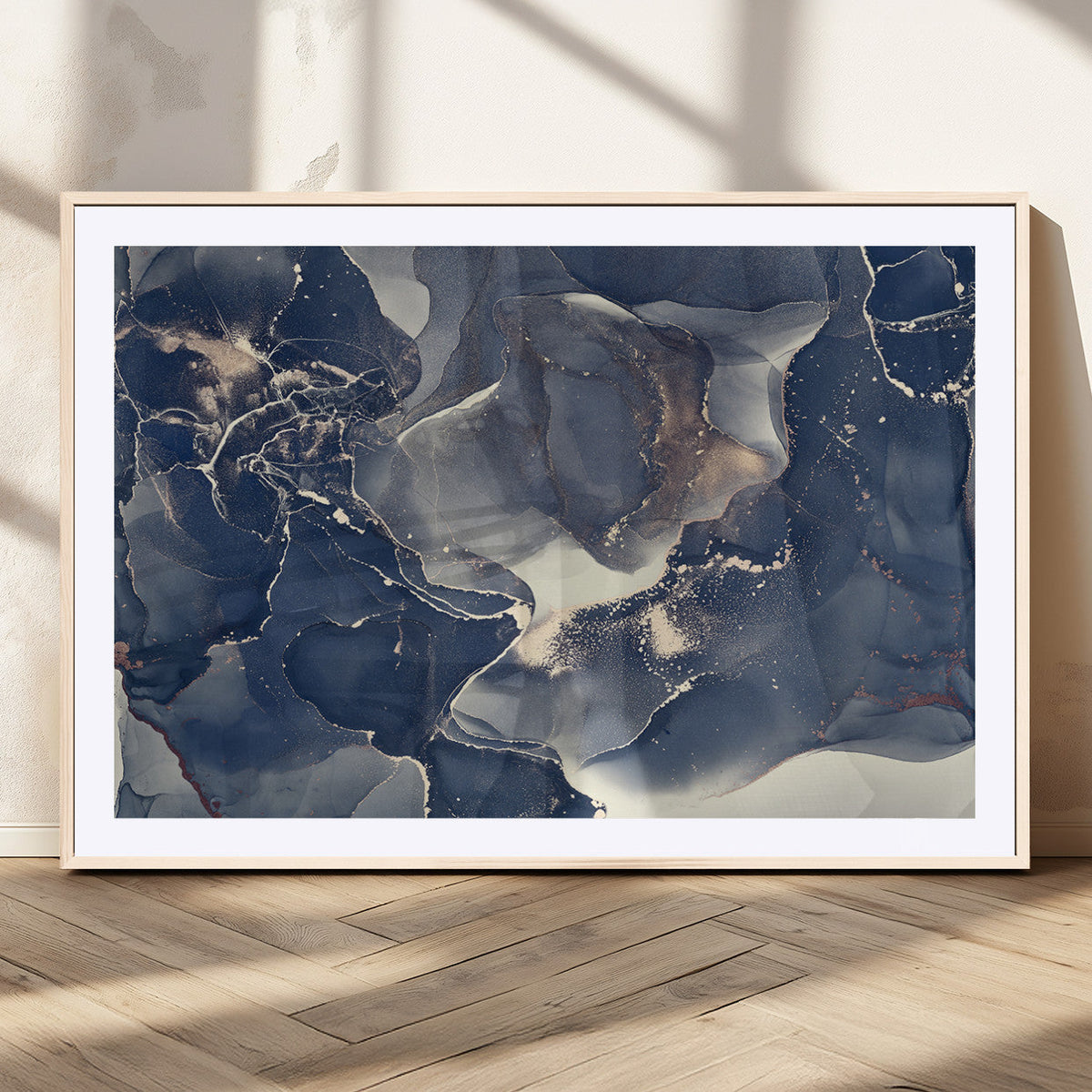 Large Abstract Blue and Gold Canvas Wall Art Fluid Ink