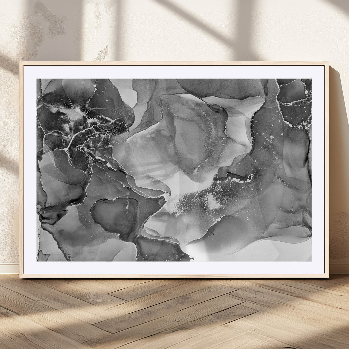 Black White Abstract Canvas Wall Art - Fluid Ink Artwork -