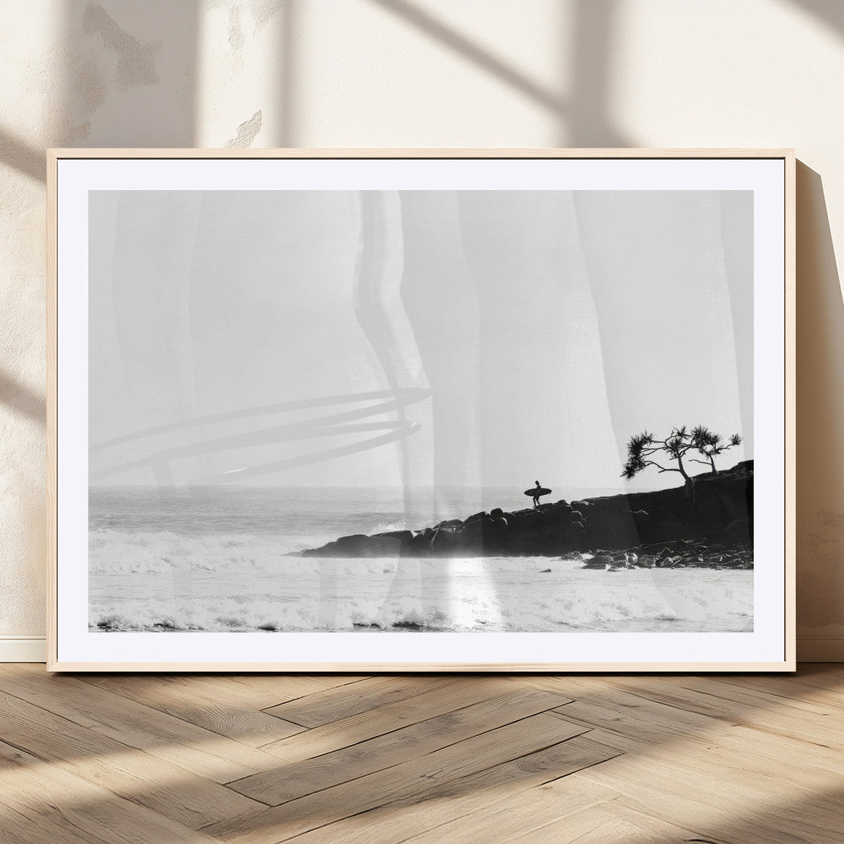 Surfer Cliffs Wall Art Canvas Print – Framed Black White