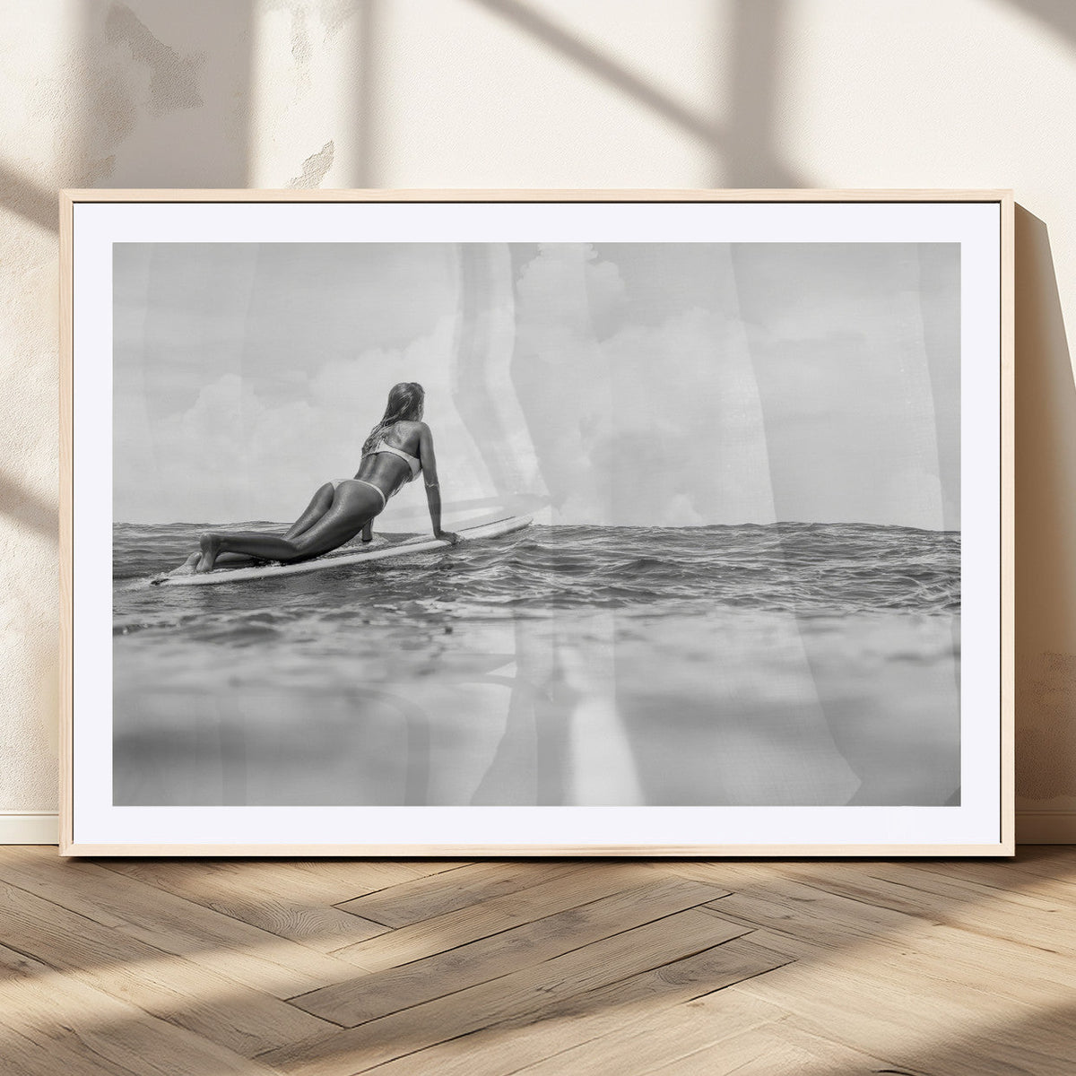Black and White Surfing Wall Art Canvas Print – Framed Ocean