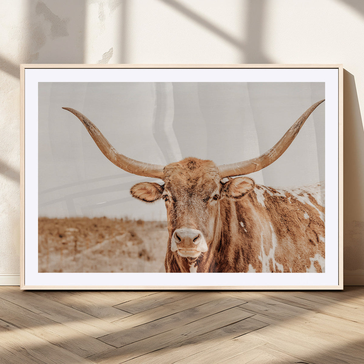 Texas Longhorn Wall Art Canvas Print – Framed Sepia Cow Art