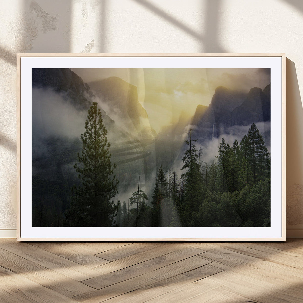 Misty Mountain Valley Wall Art Canvas Print, Golden Sunrise