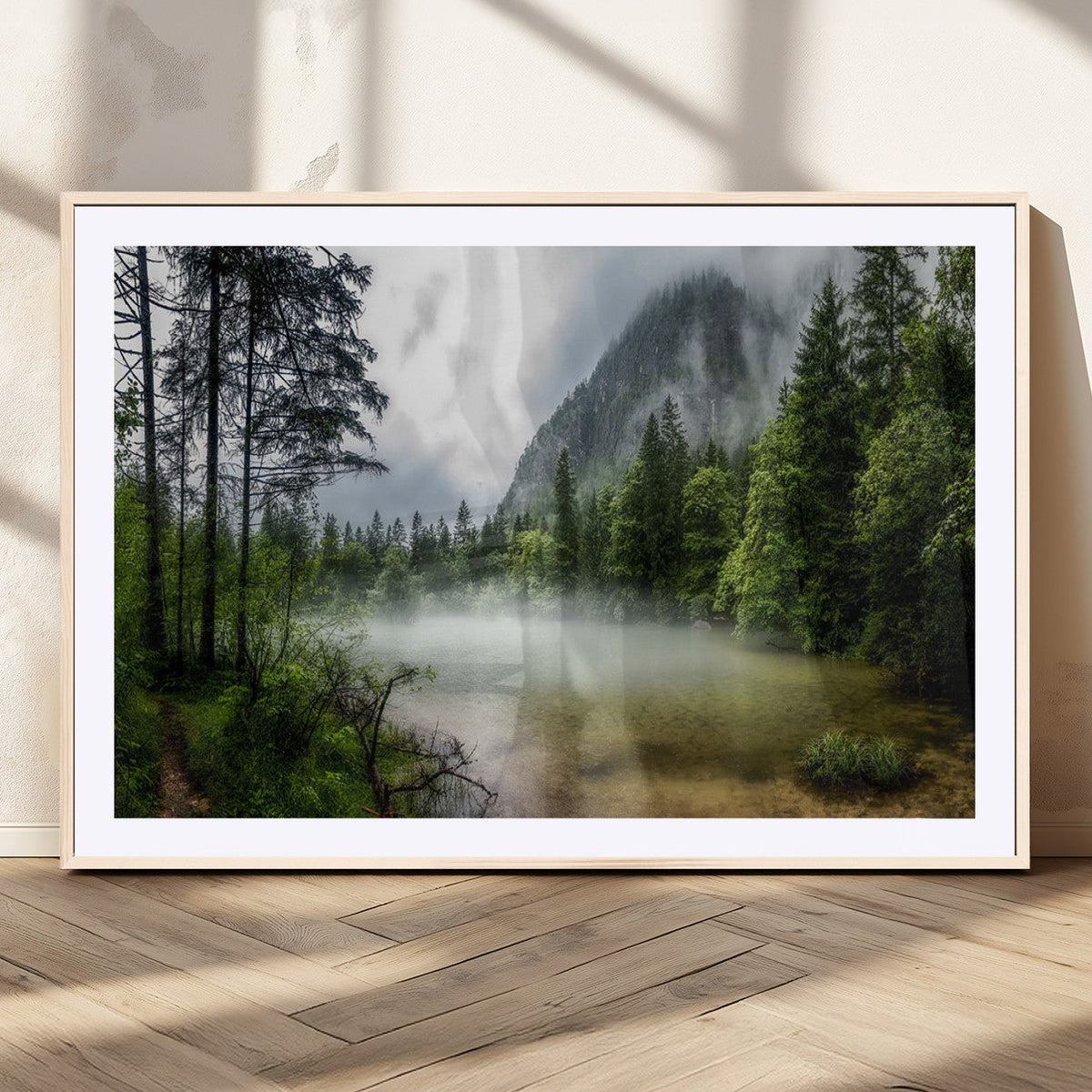 Misty Lake Forest Wall Art – Green Trees Calm Water