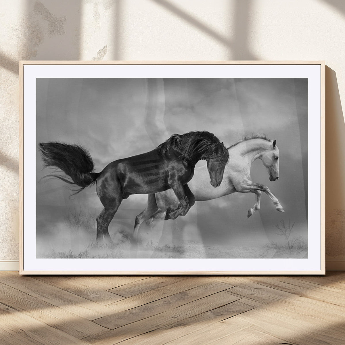 Wild Horses Wall Art Canvas Print – Framed Black and White