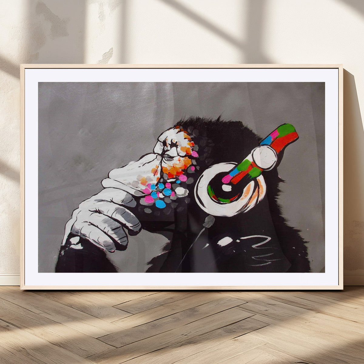 Dj Monkey Listening to Music Wall Art Print | Banksy Monkey