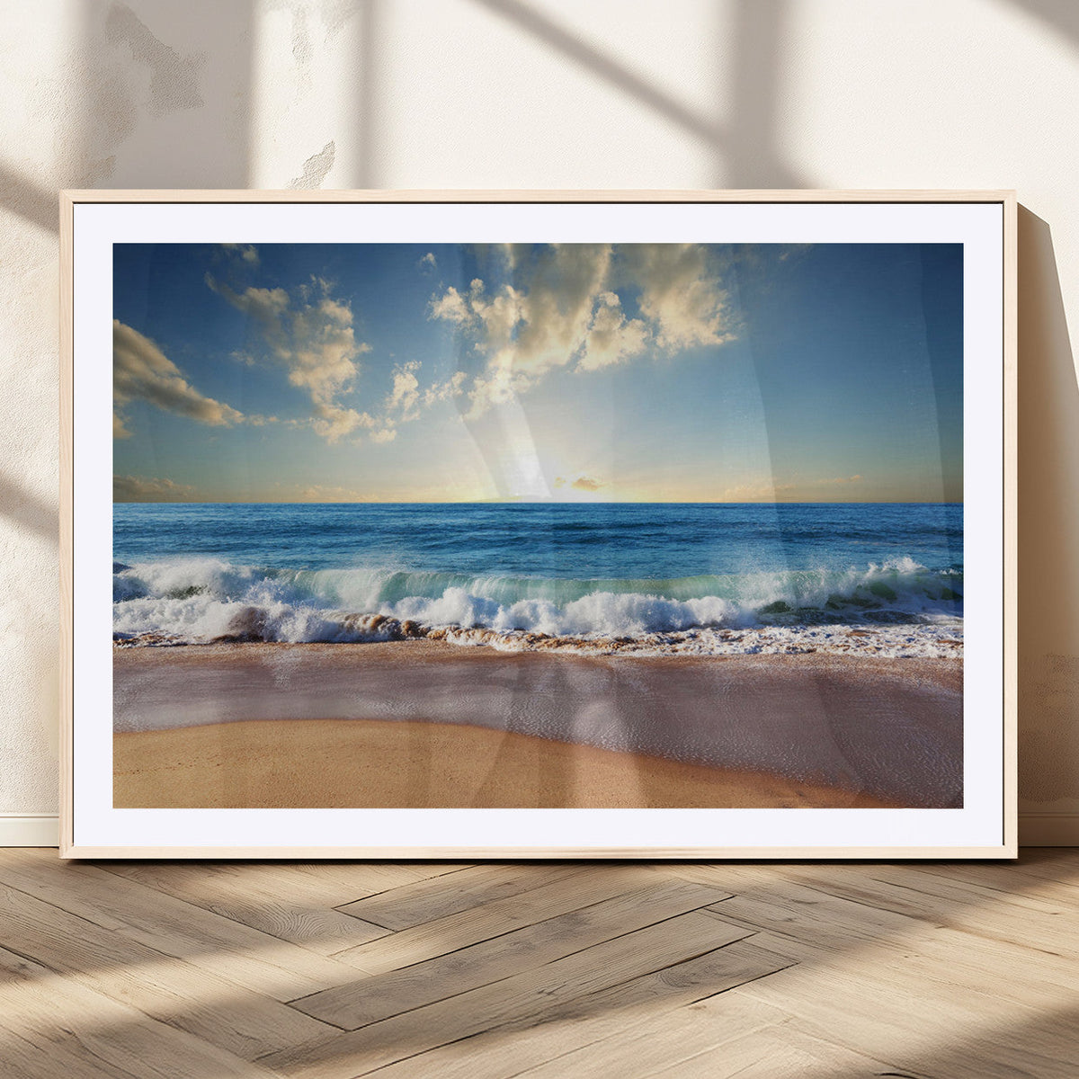 Serene Ocean Sunset Canvas Wall Art - Beach Waves at Sunset,