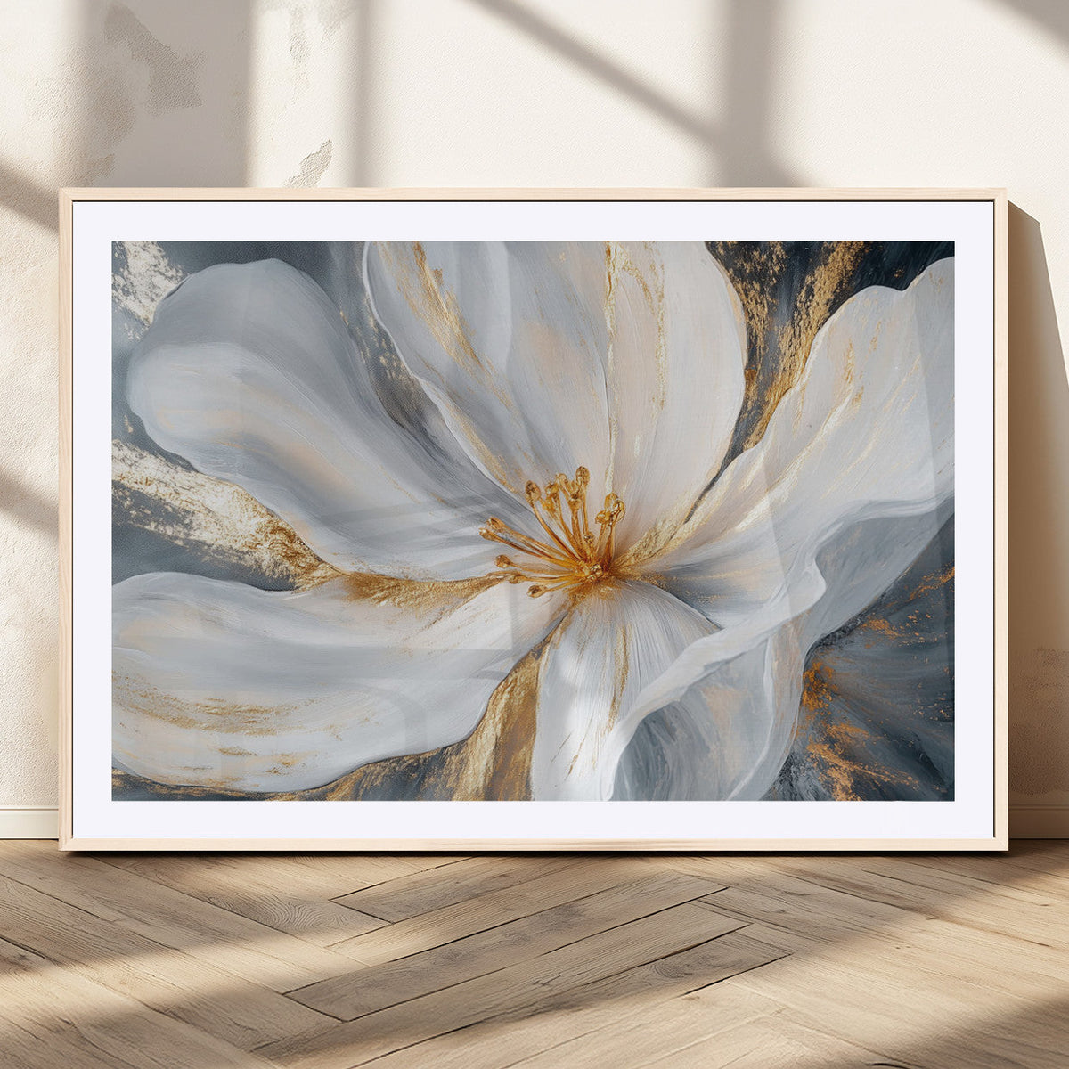 White and Gold Floral Canvas Wall Art - Framed and Ready to