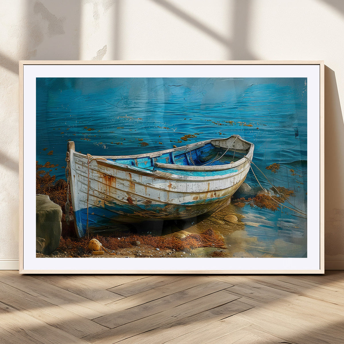 Vintage Boat on Tranquil Waters | Coastal Wall Art for