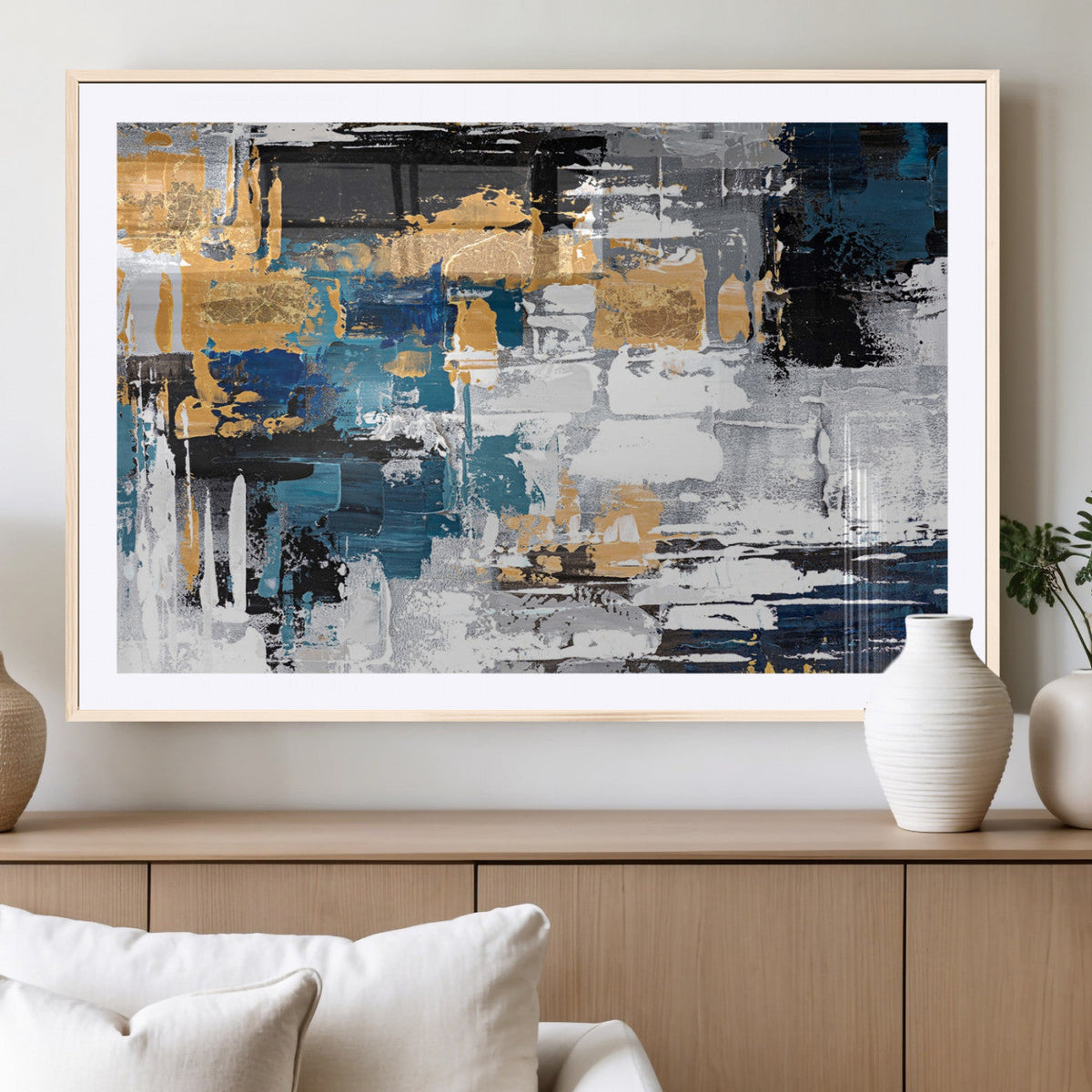 Blue and Gold Abstract Canvas Wall Art – Triptych Modern