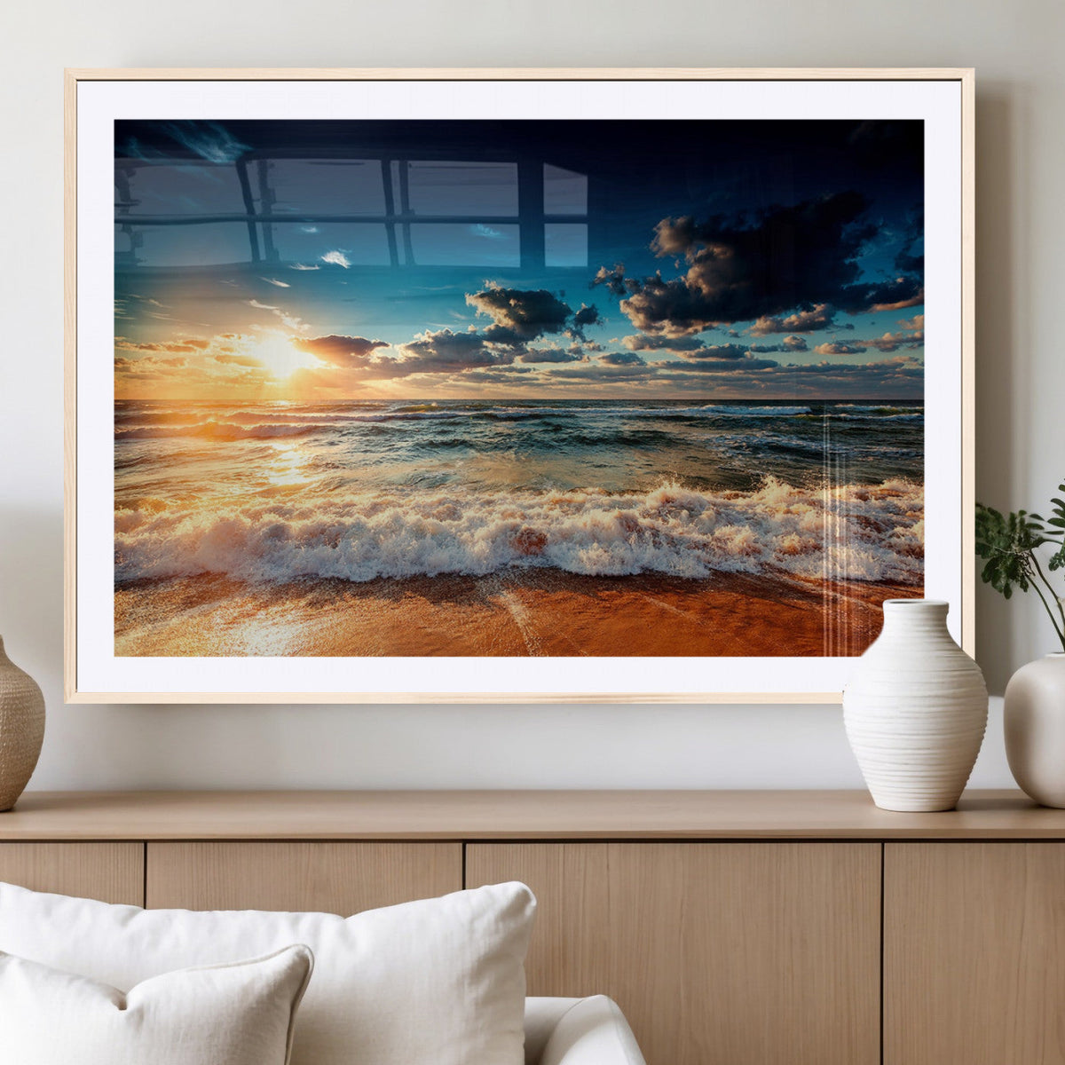 Golden Hour Sunset Over Ocean Waves Wall Art Canvas Print |