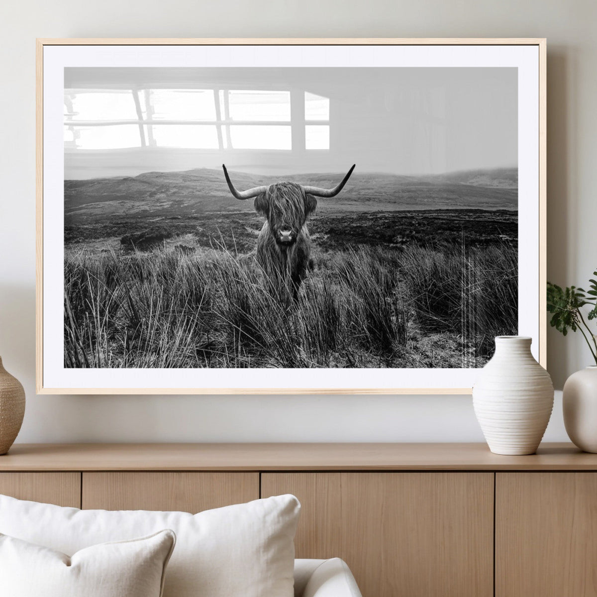 Black and White Highland Cow Canvas Wall Art, Longhorn