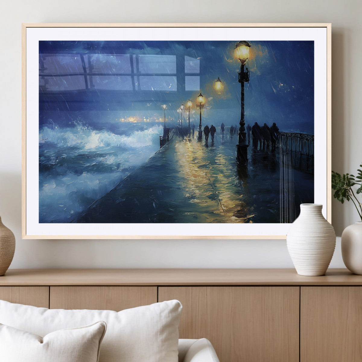 Storm Ocean Pier Canvas Wall Art Print - Large Moody Night