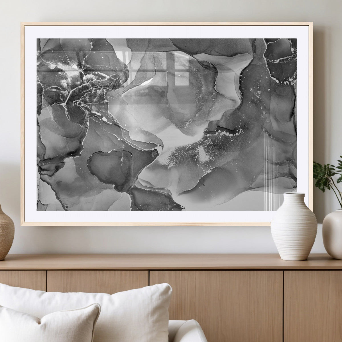 Black White Abstract Canvas Wall Art - Fluid Ink Artwork -