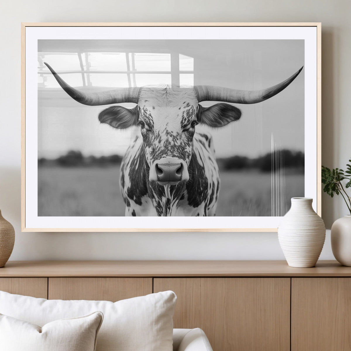 Highland Cow Wall Art Canvas Print – Black and White Western