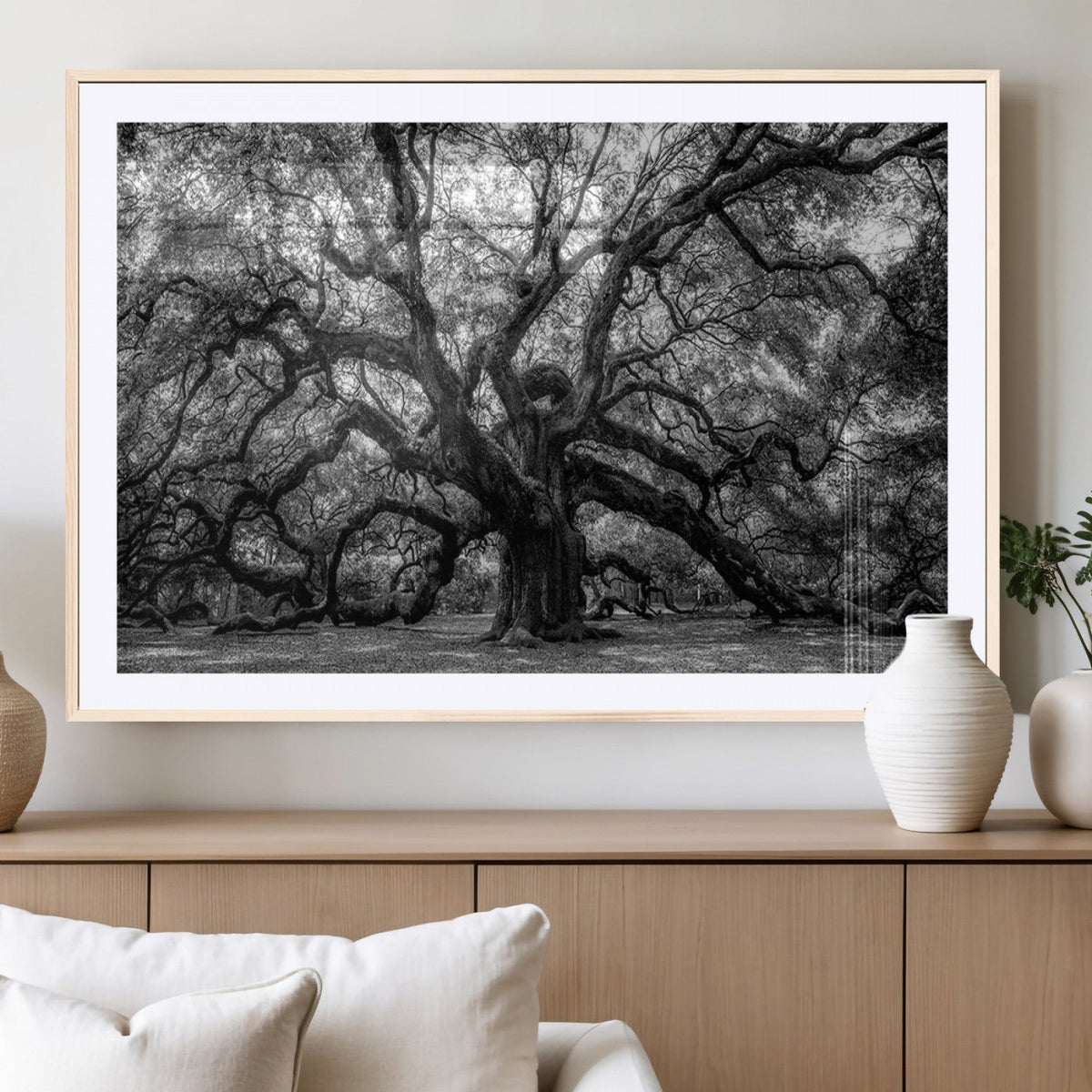 Black and White Old Angel Oak Tree Wall Art Canvas Print