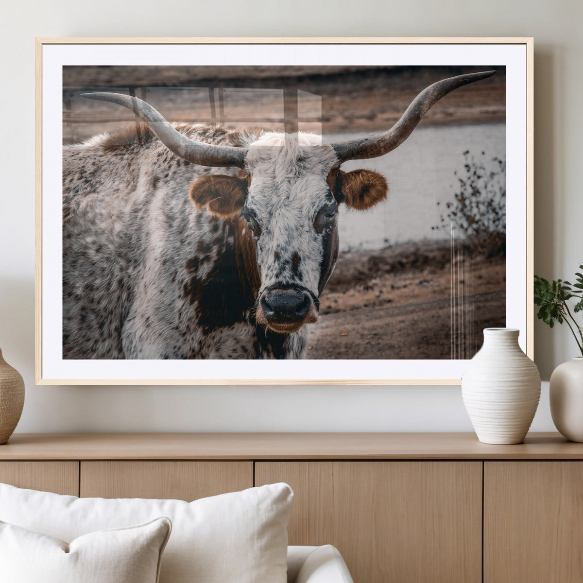 Texas Longhorn Wall Art Canvas Print – Framed Spotted Bull
