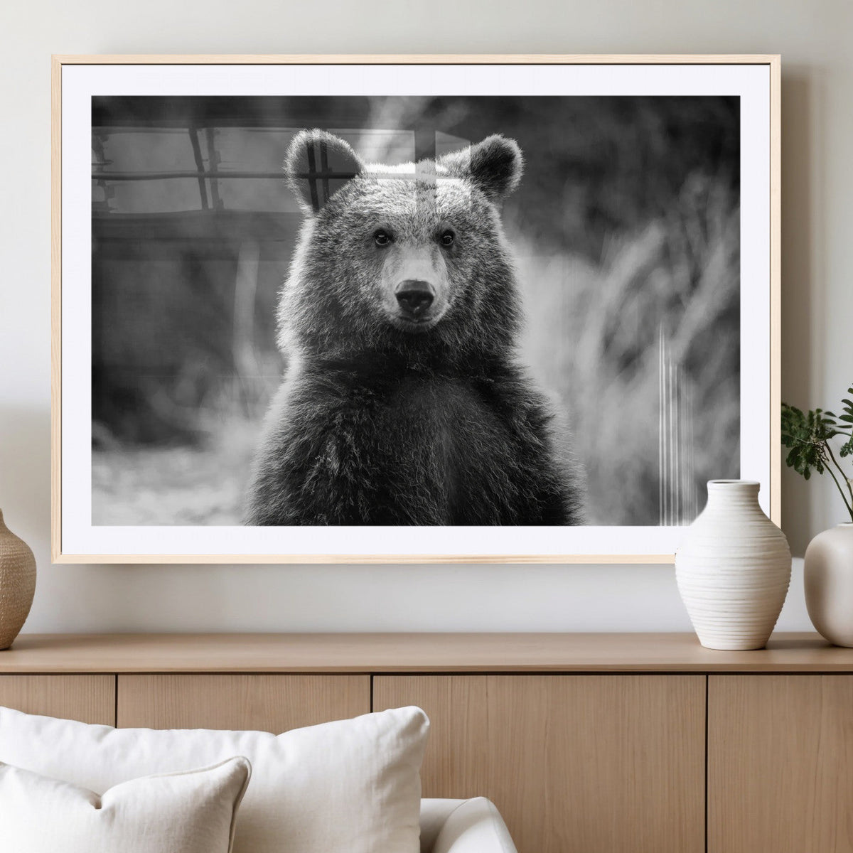 Grizzly Bear Wall Art Canvas Print – Framed Black White