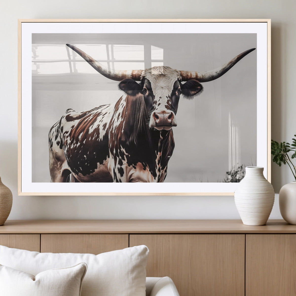 Texas Longhorn Wall Art Canvas Print – Framed Spotted Bull