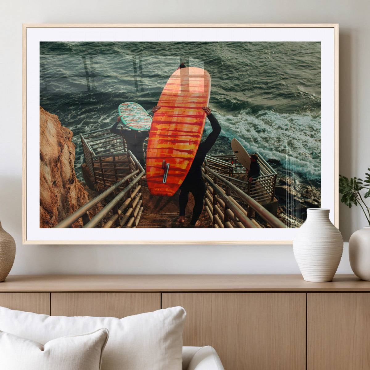 Surfer Stairway Wall Art Canvas Print – Framed Ocean Surf