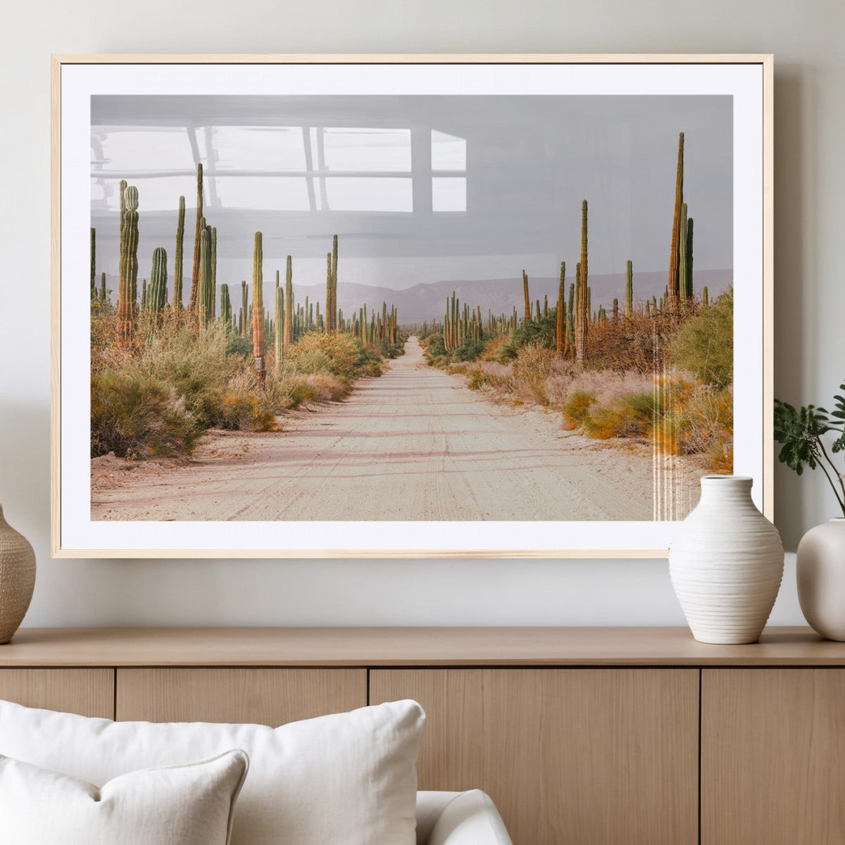 Desert Cactus Lined Road Wall Art Canvas Print – Framed