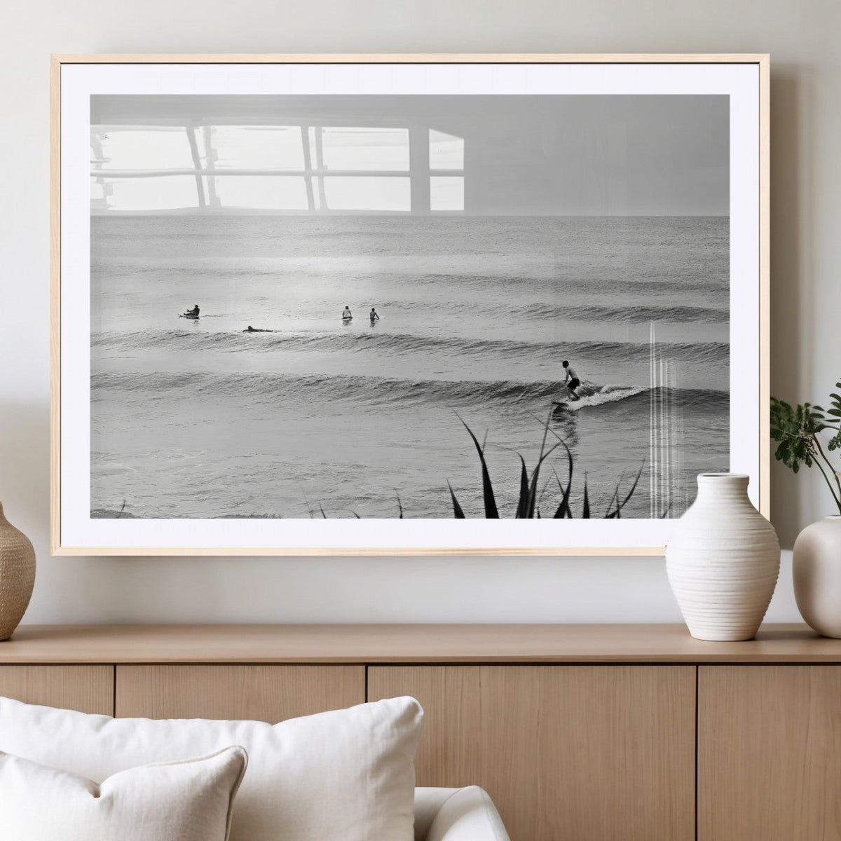 Surfer Silhouette Wall Art – Framed Calm Ocean Monochrome