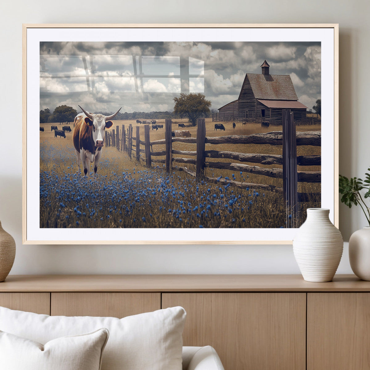Texas Longhorn Canvas Wall Art Print – Framed Rustic Barn