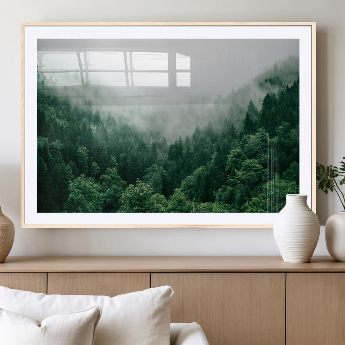 Misty Green Forest Canvas Print – Framed Serene Foggy Pine