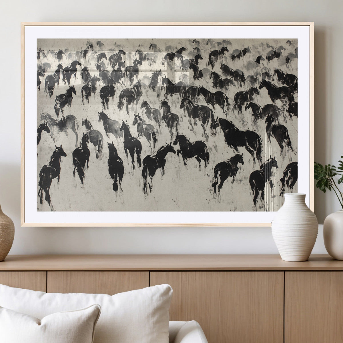 Wild Horse Stampede Wall Art Canvas Print – Monochrome