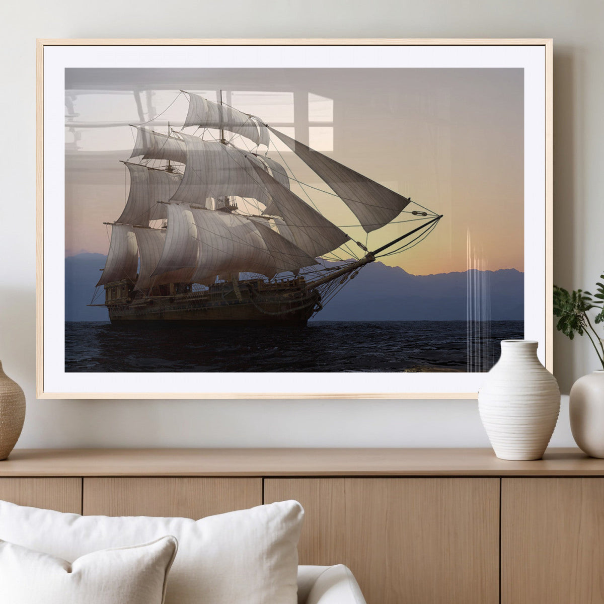 Majestic Sailing Ship Wall Art Canvas Print, Sunset Ocean