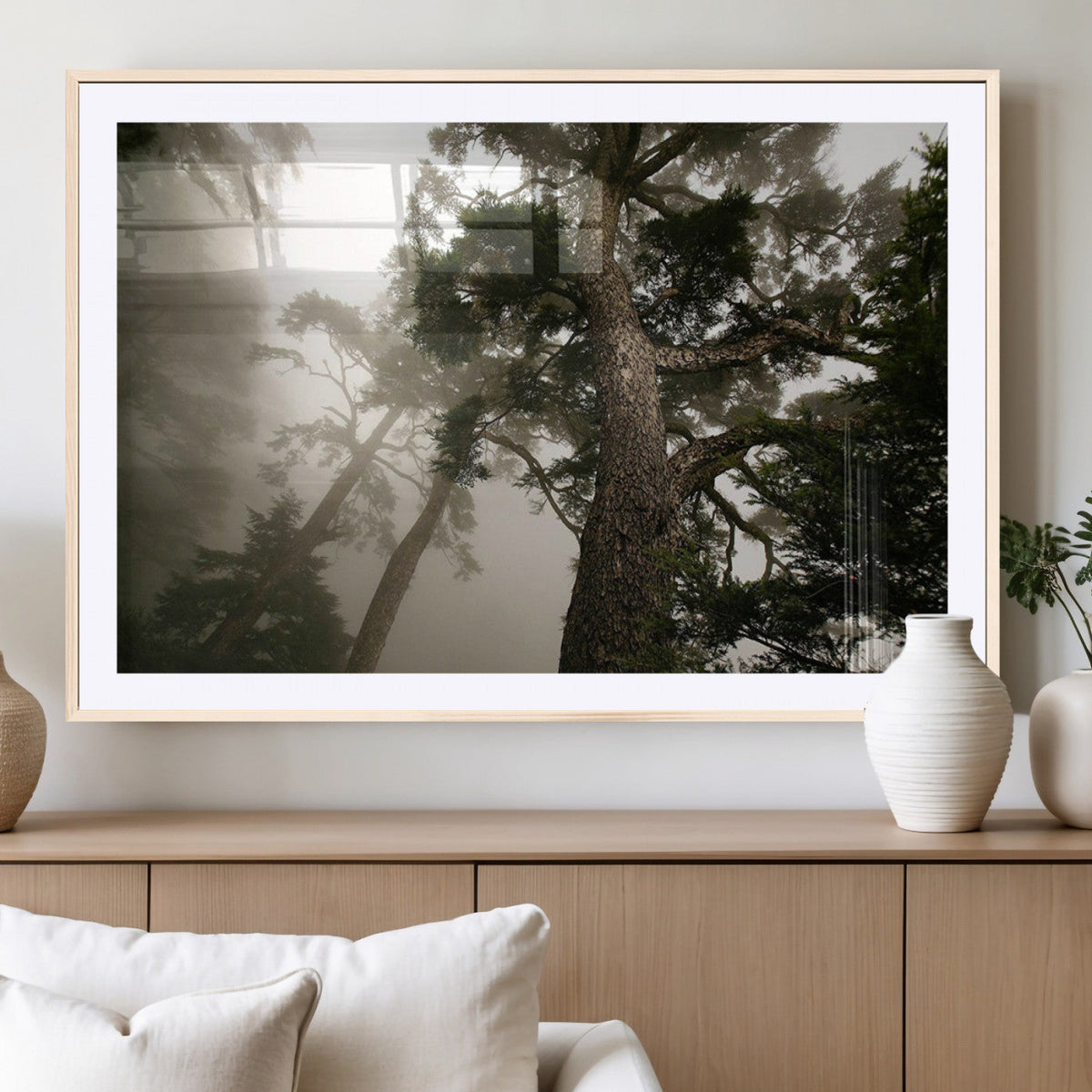 Misty Forest Wall Art Canvas Print, Tall Trees and Foggy
