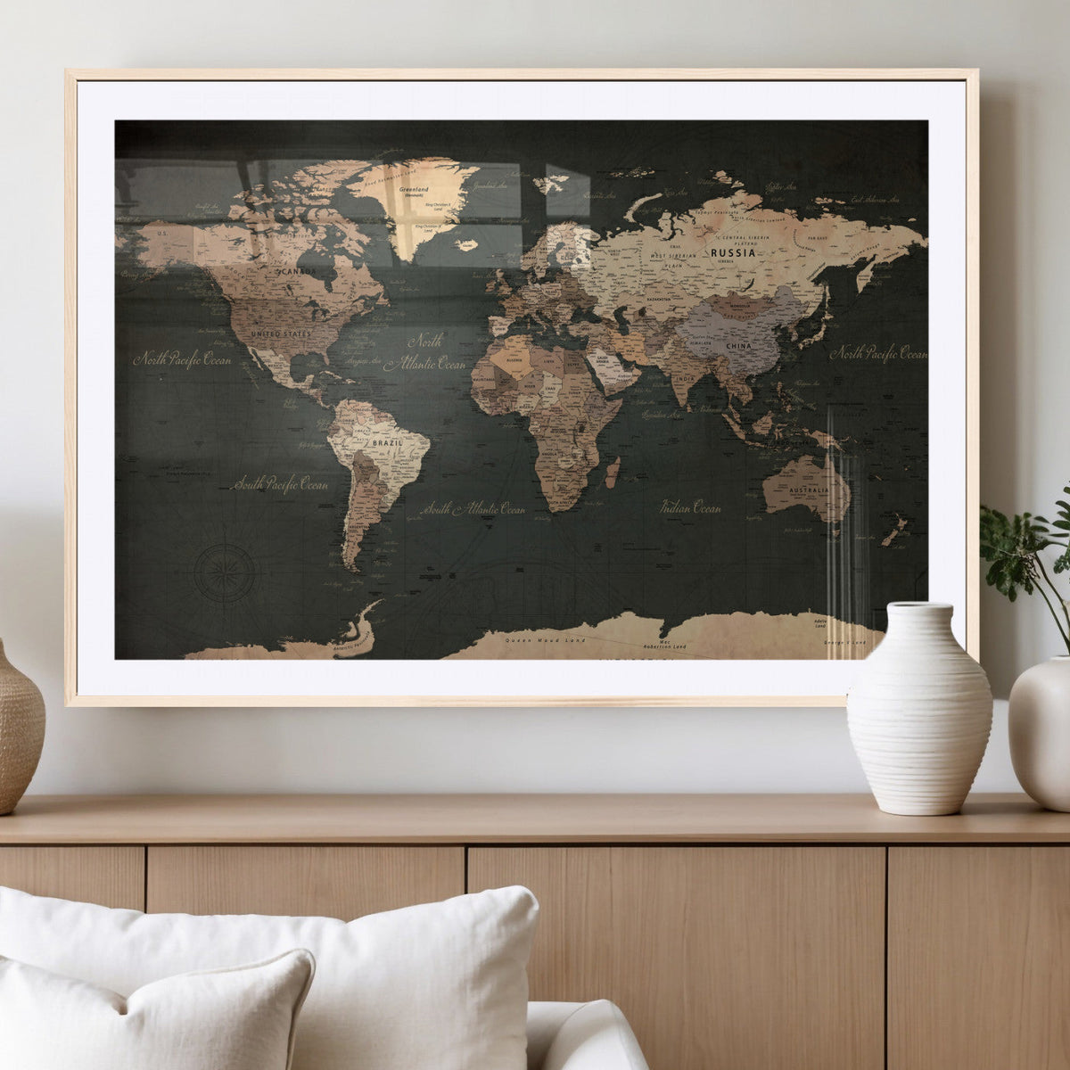 Vintage World Map Canvas Wall Art – Framed Travel Map for