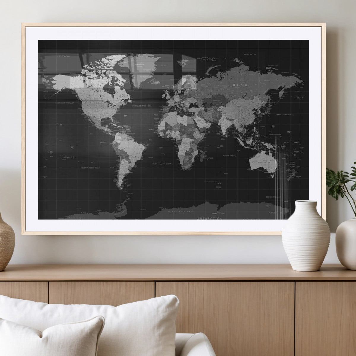 Black World Map Wall Art Canvas Print – Detailed Map of the
