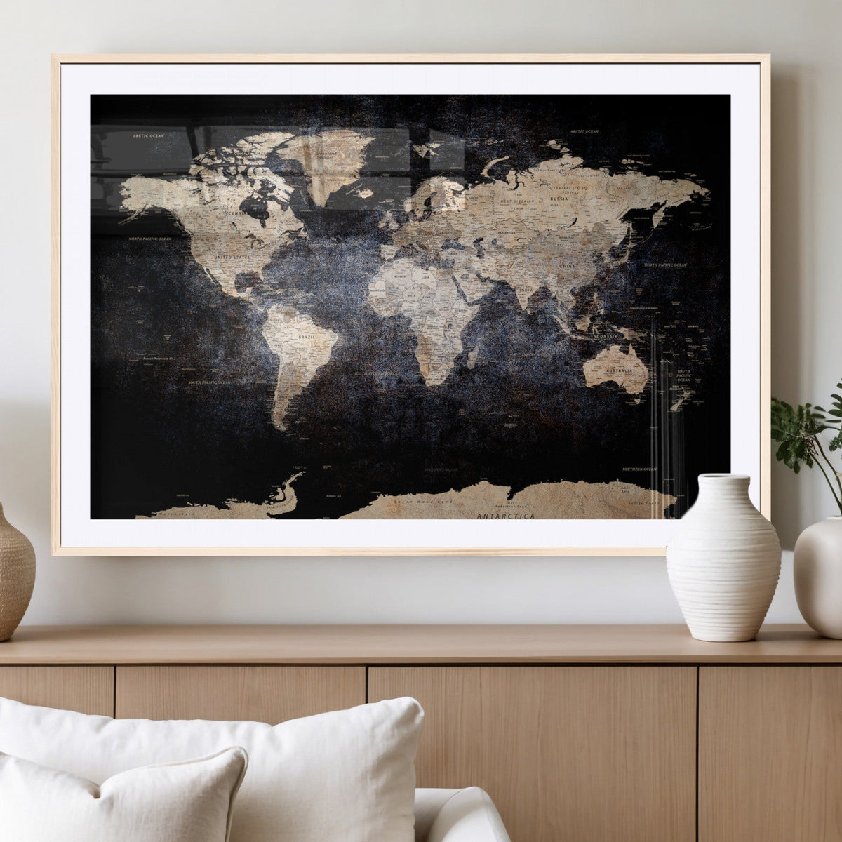 Grunge World Map Wall Art | 3-Panel Large Beige and Brown