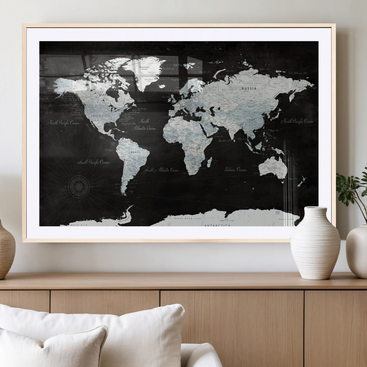 World Map Canvas Print – Framed Push Pin Wall Art, Color